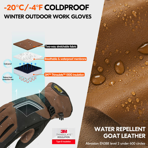 ILOND -20℃/-4°F Waterproof Winter Work Gloves Cold Weather Waterproof Work Gloves Waterproof Insulated Gloves Goat Leather Gloves(Brown,GA7760FLWP)