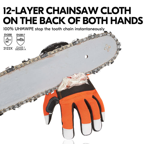 VGO Chainsaw Gloves, 12-Layer Chainsaw Protection on Both Hand Back, Safety leather Work Gloves, Mechanic Gloves(1 Pair,Orange,GA9797CS)