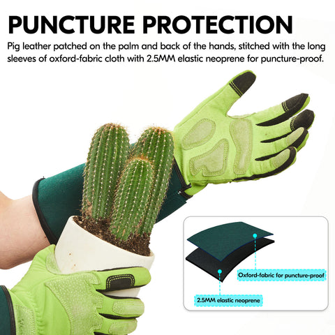 VGO 1 Pair Gardening Gloves Unses,Safety Work Gloves,Long Sleeves Gauntlet,Puncture-proof,Thorn Proof,Touchscreen(Green,SL7477/SL7496))