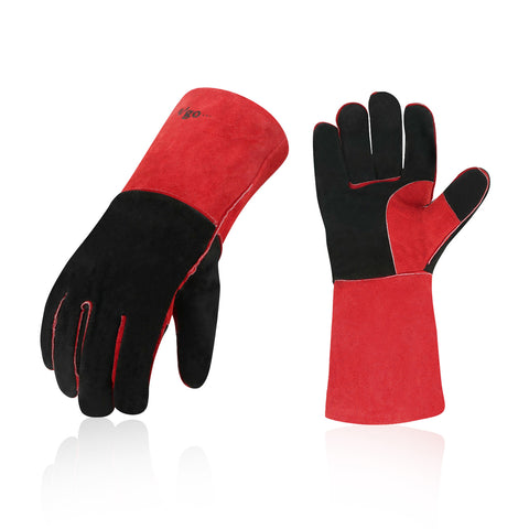VGO 2 Pairs Premium Cow Split Leather Welding Gloves For Oven, Grill, Fireplace, Stove, Pot Holder, Tig Welder, Mig, BBQ (Red, 13.5in, CB6638)