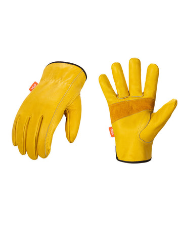 Vgo 1/3 Pairs Unlined Cow Grain Leather Work and Driver Gloves with Cow Split Leather Palm Patch（Gold,CA9590-G)