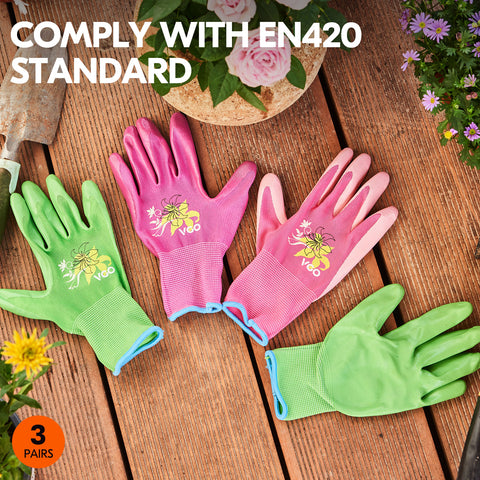 VGO 2/3/5 Pairs Women’s Gardening Gloves -Nitrile/Latex Coated, Machine Washable & Breathable for Outdoor,DIY, Ranch,Camping | Flexible Fit, Value Bundle with Color Choices (NT2110-P/RB6013-P/RB6026-G/RB6026-BR)