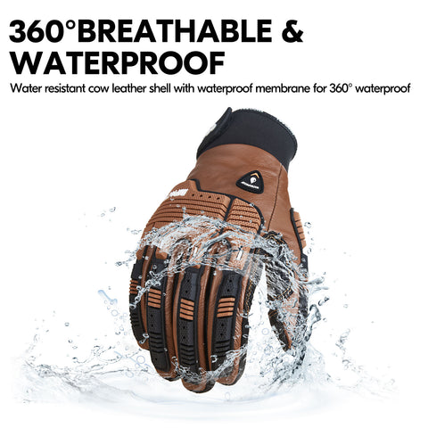 VGO 1 Pair -20℃/-4°F COLDPROOF, Winter Work Leather Gloves, Mechanics Gloves, Impact Gloves, Anti-Vibration Gloves For Men (CA7722FLWP-BRO)