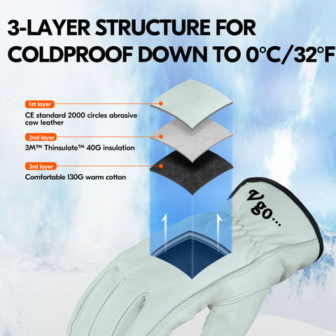 VGO 2 Pairs 32℉ or Above Lined Winter Cow Grain Leather Work and Driver Gloves For men (Cream,CA9501F)