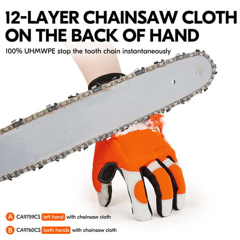 VGO 1Pair Chainsaw 12-Layer Saw Protection On Left Hand Back Cow Leather Gloves (Orange, CA9759CS)