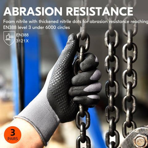 Vgo 3 Pairs Super Light Micro Foam Nitrile Coating Gardening and Work Gloves (Grey,NT5148)