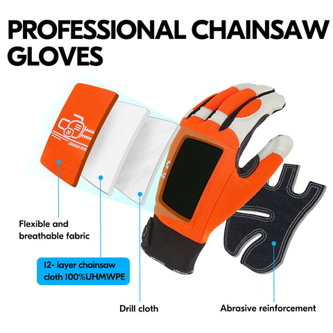 VGO 1Pair Chainsaw 12-Layer Saw Protection On Left Hand Back Cow Leather Gloves (Orange, CA9759CS)