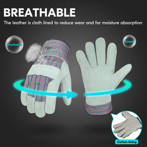 VGO 3 Pairs Cow Split Leather Men's Work Gloves with Safety Cuff (Purple, CB3501-P)