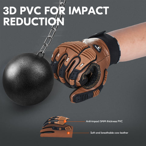 VGO 1 Pair -20℃/-4°F COLDPROOF, Winter Work Leather Gloves, Mechanics Gloves, Impact Gloves, Anti-Vibration Gloves For Men (CA7722FLWP-BRO)