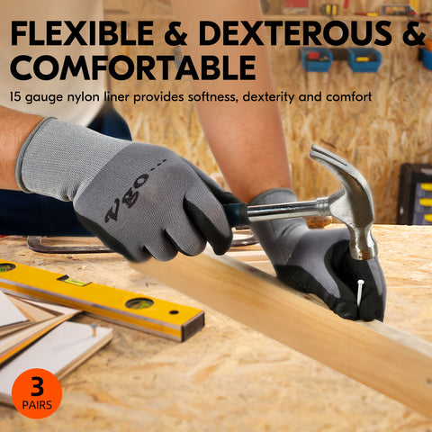 Vgo 3 Pairs Super Light Micro Foam Nitrile Coating Gardening and Work Gloves (Grey,NT5148)