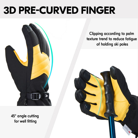 VGO 1 Pair -30℃/-22°F or Above Cow Leather Warm For Male and Female (Above 18 years old), Winter Snow Gloves, Outdoor Gloves, 3M Thinsulate Waterproof Gloves (CA2469FW)