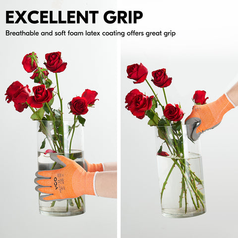 VGO 1/2/5 Pairs ANSI Level 3 Cut Resistant Gloves Certified Hand Protection, Latex Rubber Coated Gardening and Work Gloves(Orange/Blue,RB2148HY)