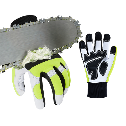 VGO Chainsaw gloves of 12-layer chainsaw protection, safety goat leather work gloves, mechanic gloves (Hi-Viz green, GA9767CS)